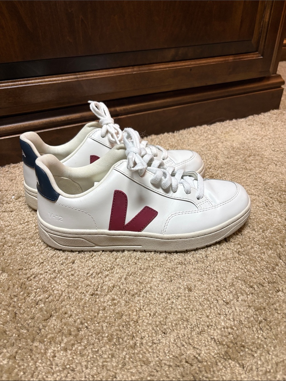 Veja V-12 White Sneaker with Burgundy V size 6